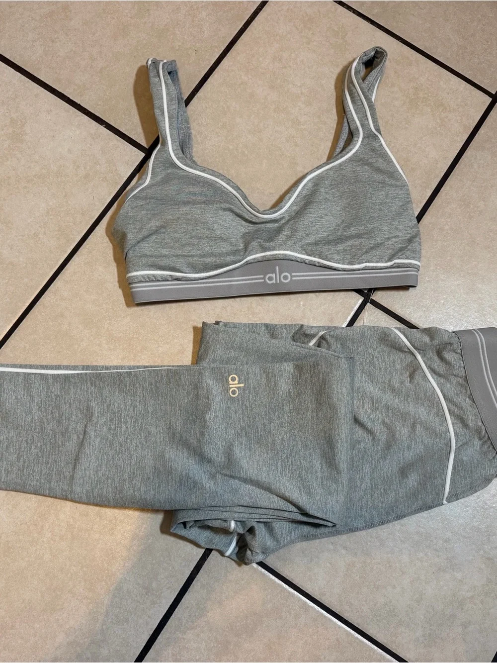 ALO Yoga Gray Seam-Trim Bralette & Biker Short Set